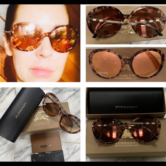 BURBERRY CHECK TEMPLE ARMS MIRRORED ROUND SUNNIES - Picture 1 of 16